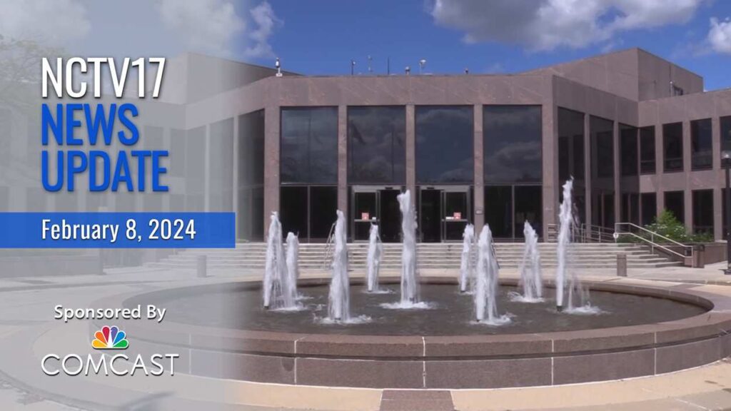 NCTV17 News update slate for Feb 8, 2024 with Exterior image of Naperville City Hall