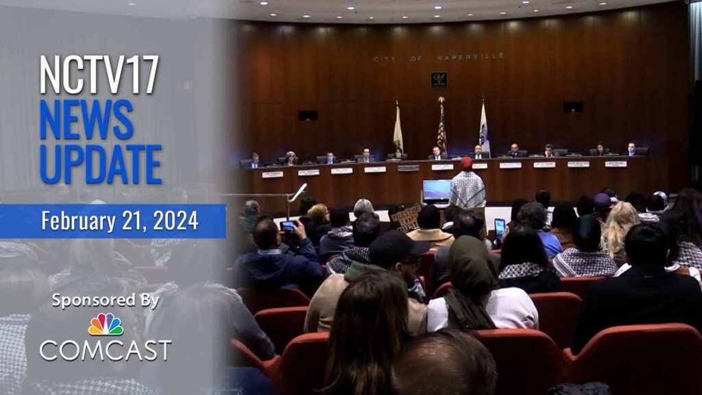 NCTV17 News Update slate for Feb. 21, 2024 with wide shot of city council and public speaker on Gaza ceasefire resolution in background