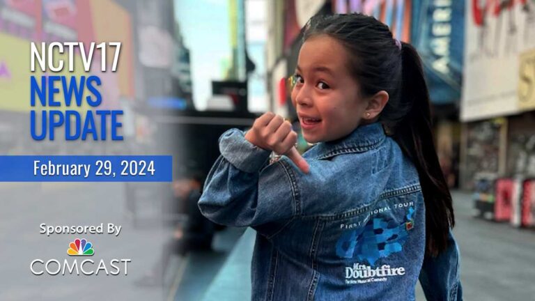 NCTV17 News Update slate for February 29, 2024 with Emmy Chan pointing to the back of her Mrs. Doubtfire national tour jacket