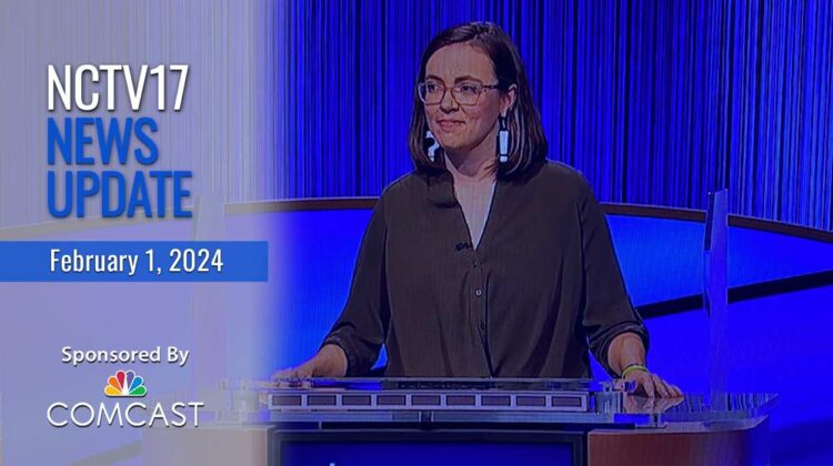 NCTV17 news update slate for Feb. 1 with Erin Portman on Jeopardy! set in background