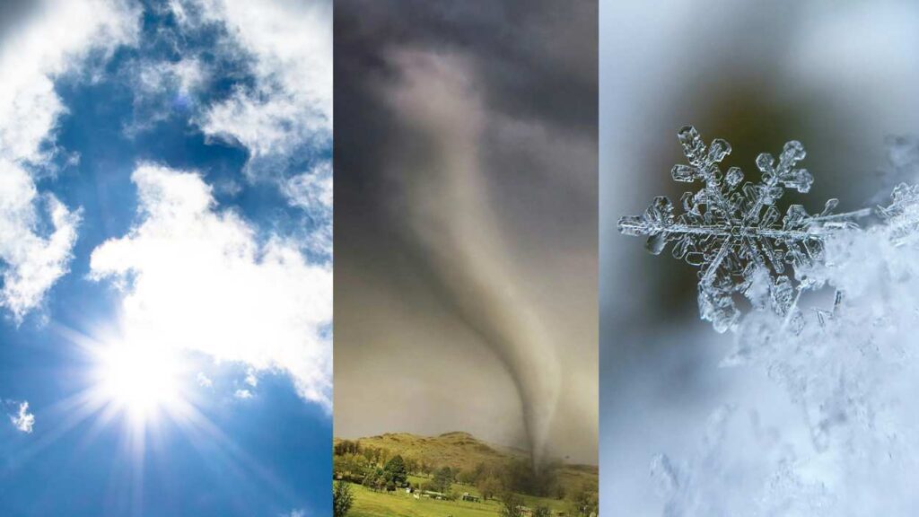 Naperville's forecast for Tuesday includes what is pictured and that is sunny skies, tornado, and snow.