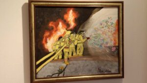 Painting showing firefighters holding a hose and fighting a fire