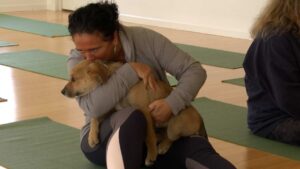 woman gives puppy a kiss