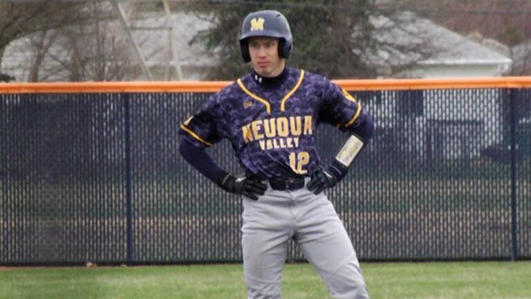 Alex Voegele of Neuqua Valley baseball stands at second base.