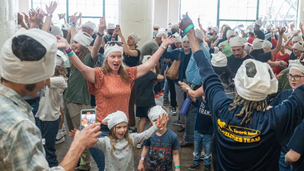 Group of people wearing underwear on their head for record attempt