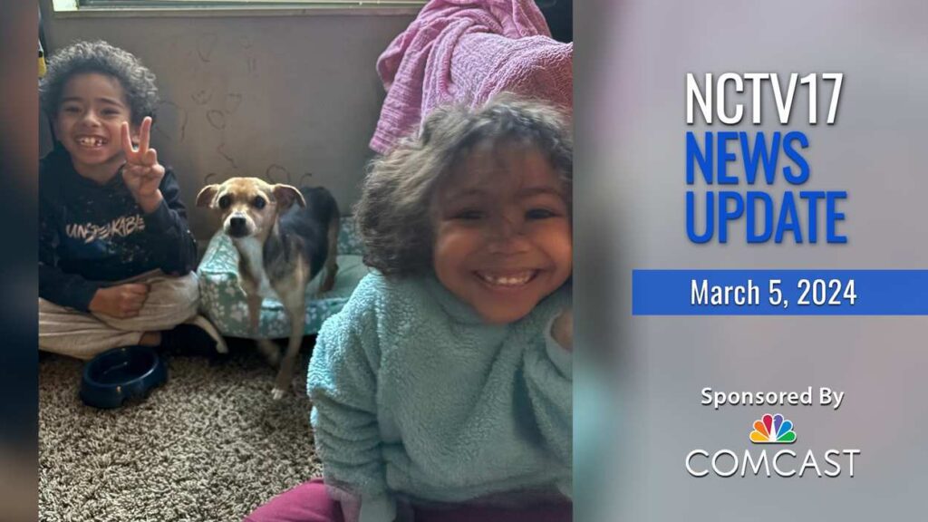 NCTV17 News Update slate for March 5, 2024 with photo of 2 kids and dog reunited in background