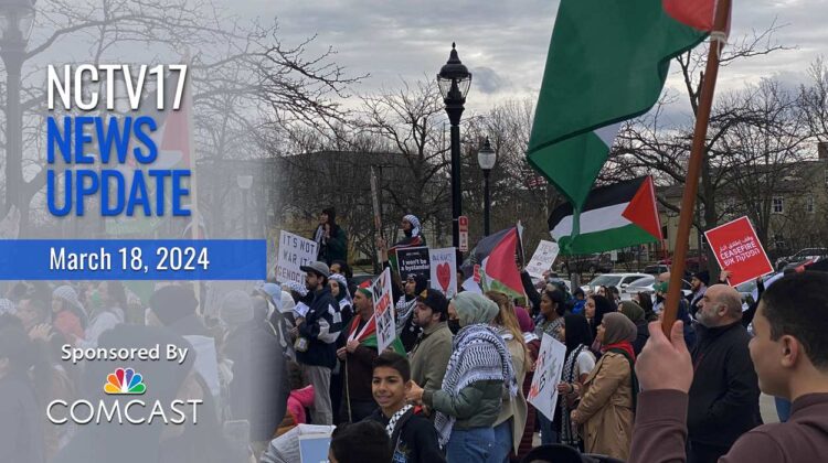 NCTV17 News Update slate for March 18, 2023 with group in protest in downtown Naperville with signs and flags in background
