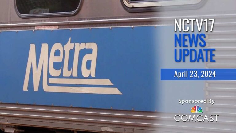 BNSF metra train with news update text for 04/23/24.