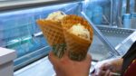 Two ice cream waffle cones at Ben & Jerry's on Free Cone Day