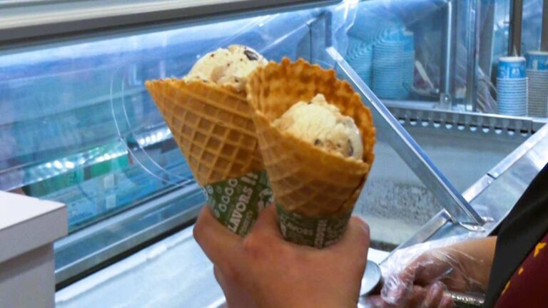 Two ice cream waffle cones at Ben & Jerry's on Free Cone Day