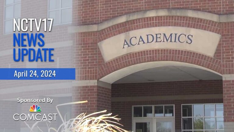 NCTV17 News Update slate for April 24, 2024 with Academics sign on one of local high schools in background