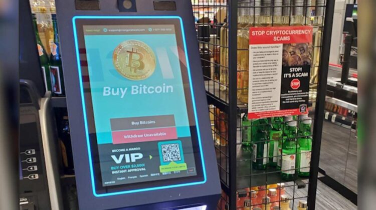 Cryptocurrency ATM and warning flyer to avoid a scam
