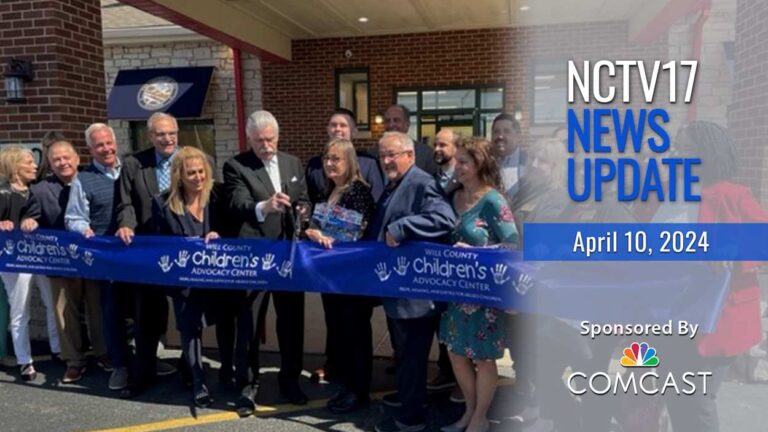 NCTV17 News Update slate for April 10, 2024 with ribbon cutting for Children's Advocacy Center in Will County in background