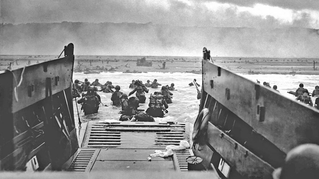 historical photo of a boat landing on D-Day