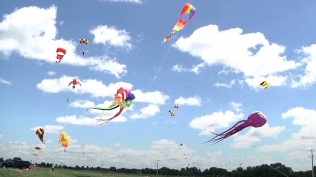Giant kites soaring in the sky at Kite Fly event