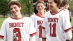 Benet Academy boys lacrosse seniors smile during Senior Night ceremony.