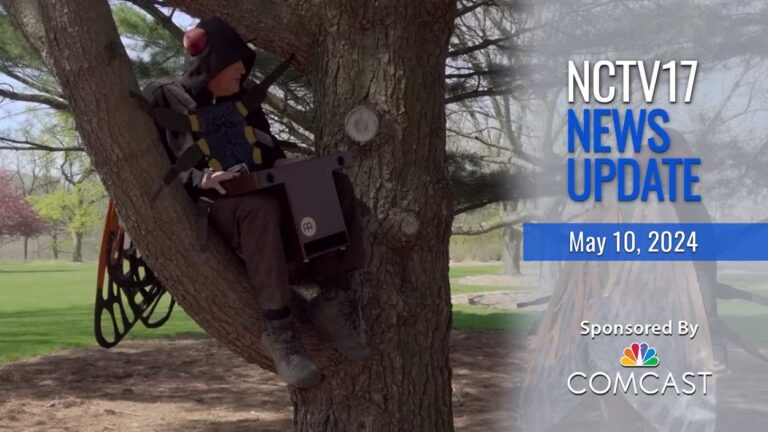 NCTV17 news update slate for May 10, 2024 with cicada video screengrab with human as cicada in background, as shouted out by Stephen Colbert