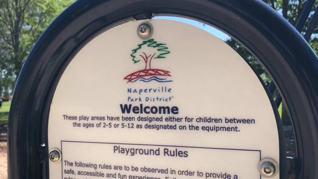 Naperville Park District sign welcoming to playground