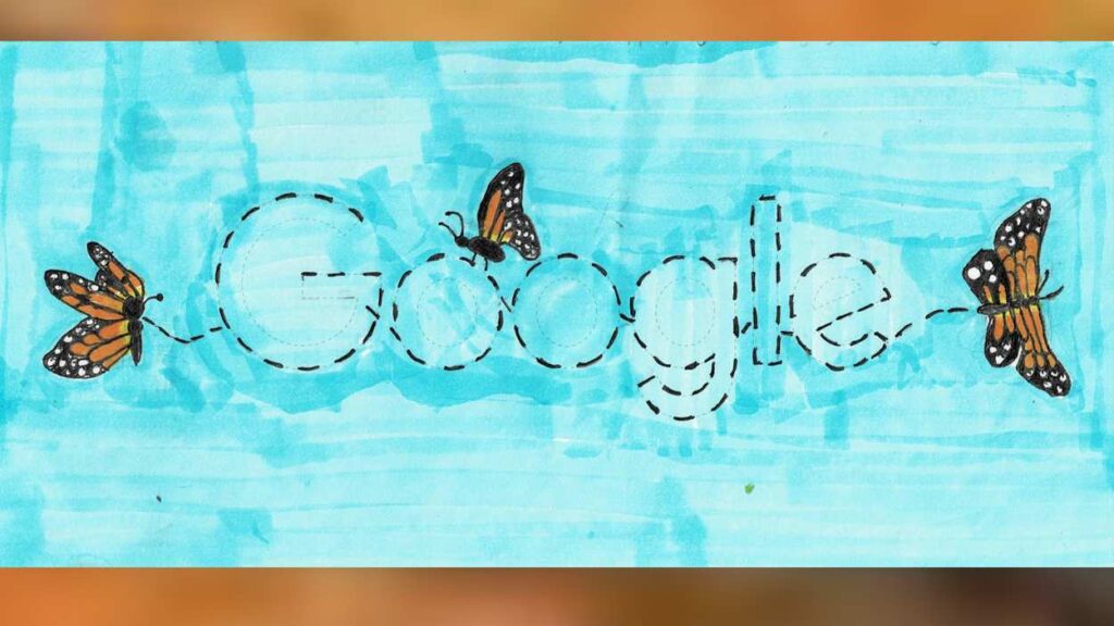 Winning Illinois artiwork for Doodle for Google contest - butterflies with google name on pastel blue background
