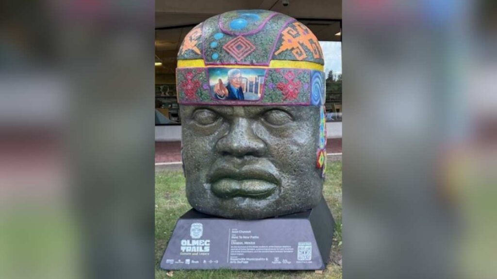 Olmec head outside Nichols Library