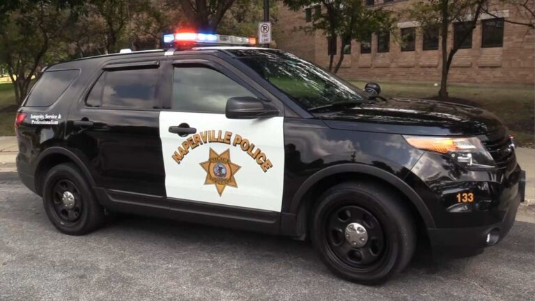 Wide shot of Naperville Police car with lights on for burglary story