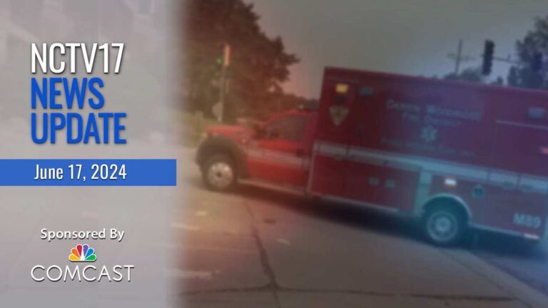 NCTV17 News Update slate for June 17, 2024 with blurred ambulance image in background, for lead story on crash into tree