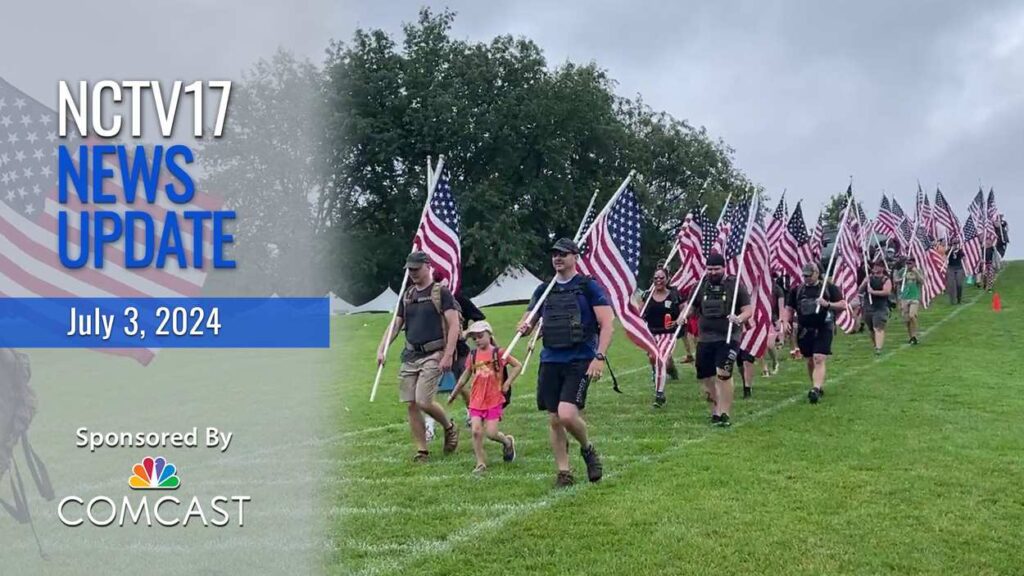 NCTV17 News Update slate for July 3 with people marching with American flags at Ruck March over Naperville Salute