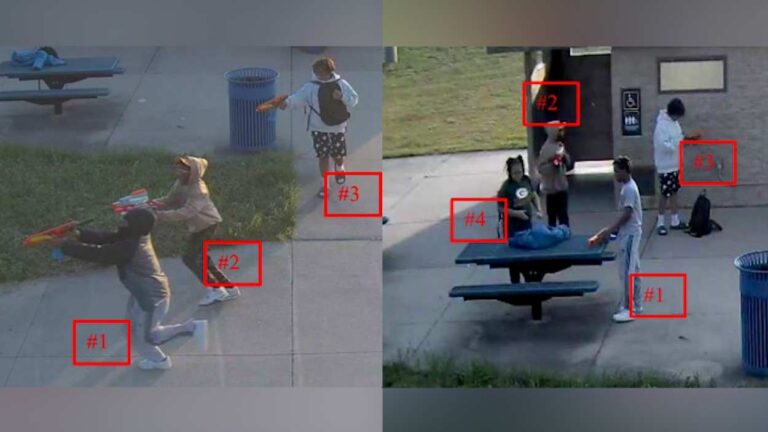 Two pictures from the Naperville Crime Stoppers of the alleged suspects involved with battery. One shows three of them aiming the water bead/gel blasters. Other picture shows all four standing around a table.