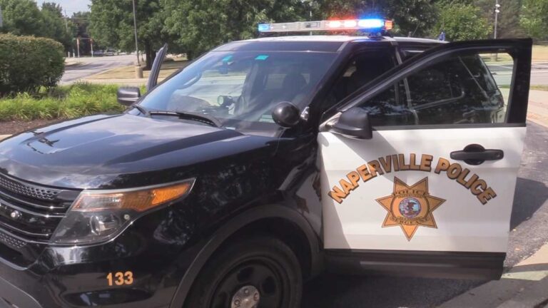 side view of Naperville police car with lights on, for story about man charged with murder