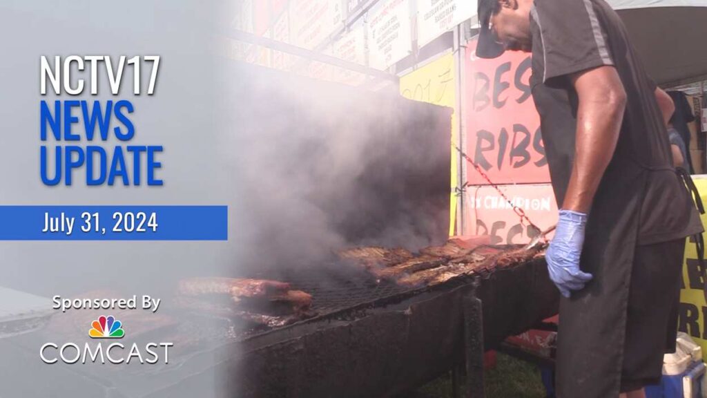 News Update slate for July 31, 2024 with Ribfest ribber cooking up ribs on grill in background