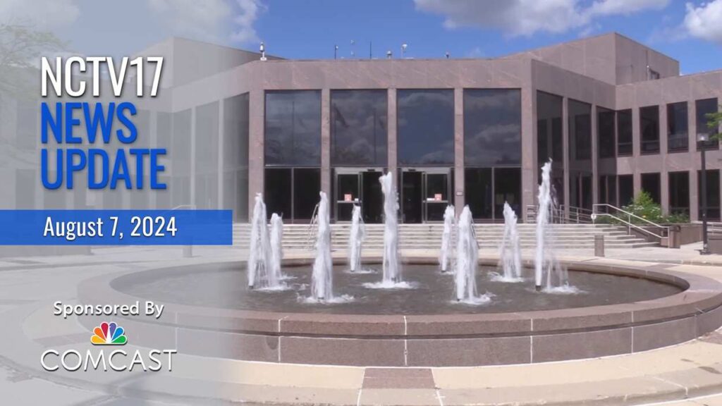 NCTV17 news update slate for August 7, 2024 with Naperville City Hall in background, for lead story on city ordered to pay $22.5M in damages in wrongful conviction