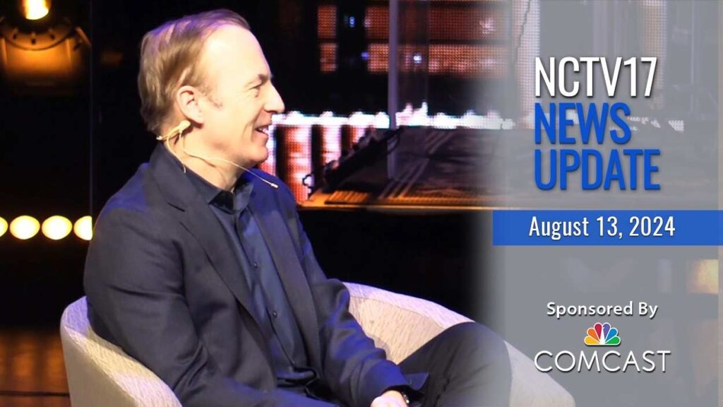 Bob Odenkirk on stage in Naperville with News Update text for 08/13/24.