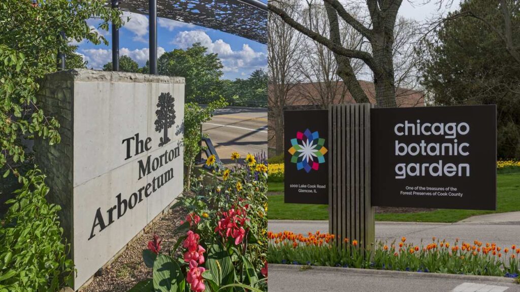 Signs for The Morton Arboretum and Chicago Botanic Garden in a split screen