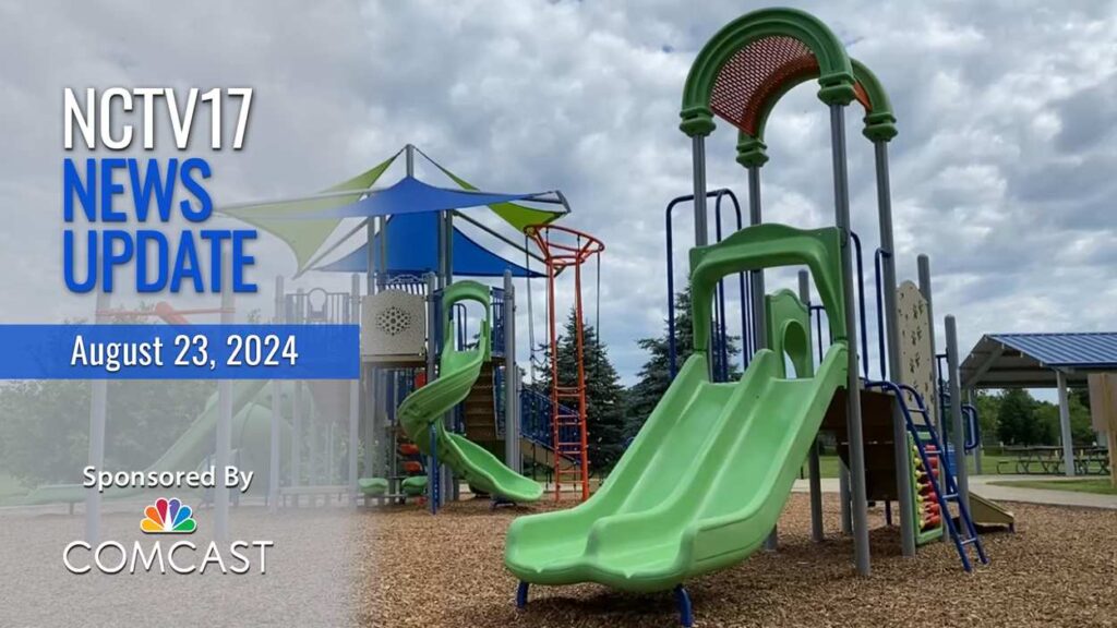 NCTV17 News Update slate for August 23, 2024 with Naperville Park District playground in background, slide on the right