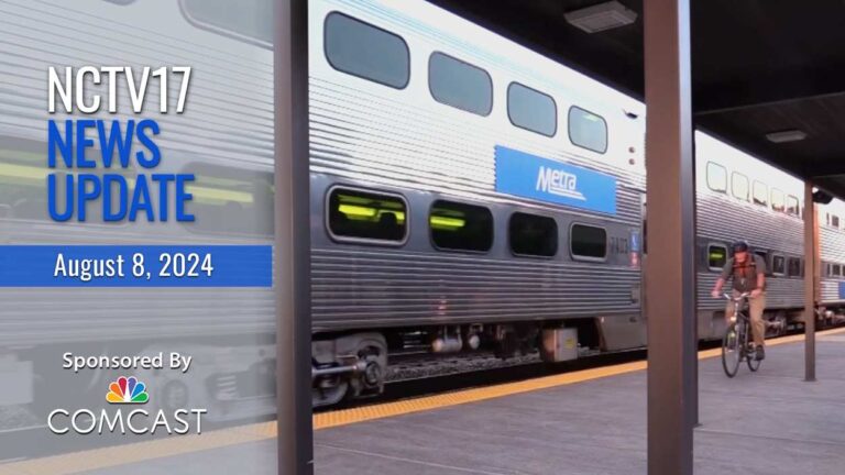 NCTV17 News Update slate for August 8, 2024 with Metra train in background