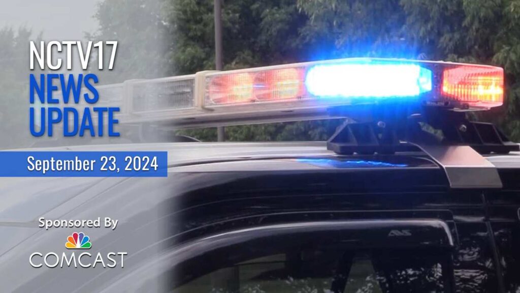 NCTV17 news update slate for September 23, 2024 with police car lights in background for lead story on bicyclist fatally struck