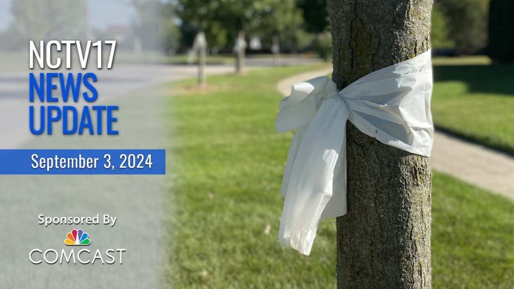 NCTV17 News Update Slate for Sept. 3, 2024 with white ribbon on tree in memory of college gymnast Kara Welsh, killed on Friday