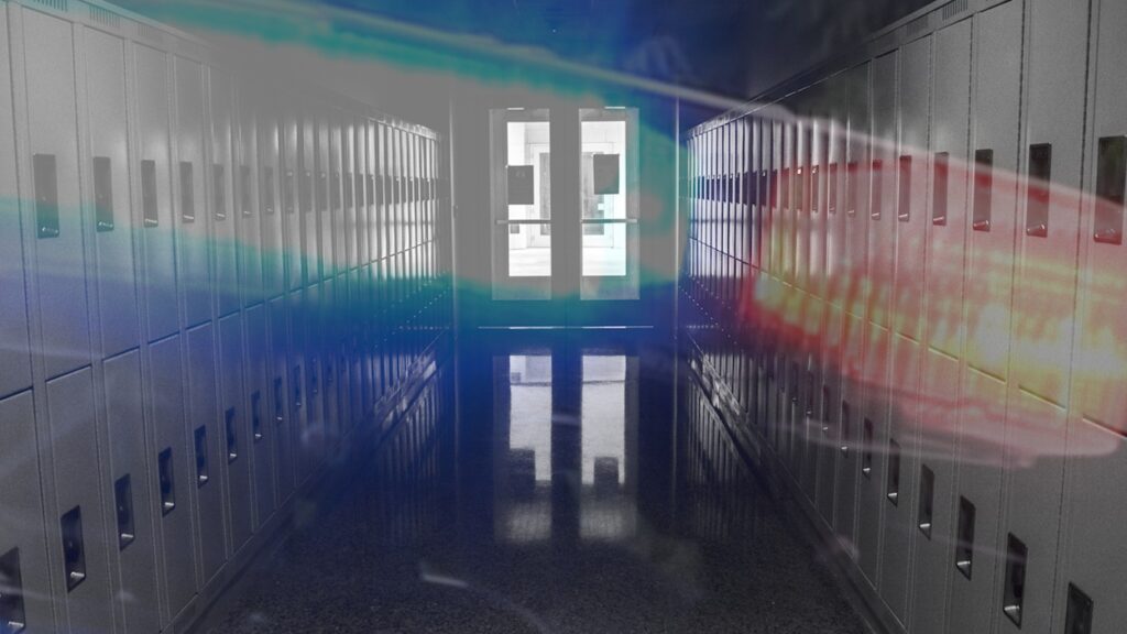 school hallway with lockers with police lights laid on top