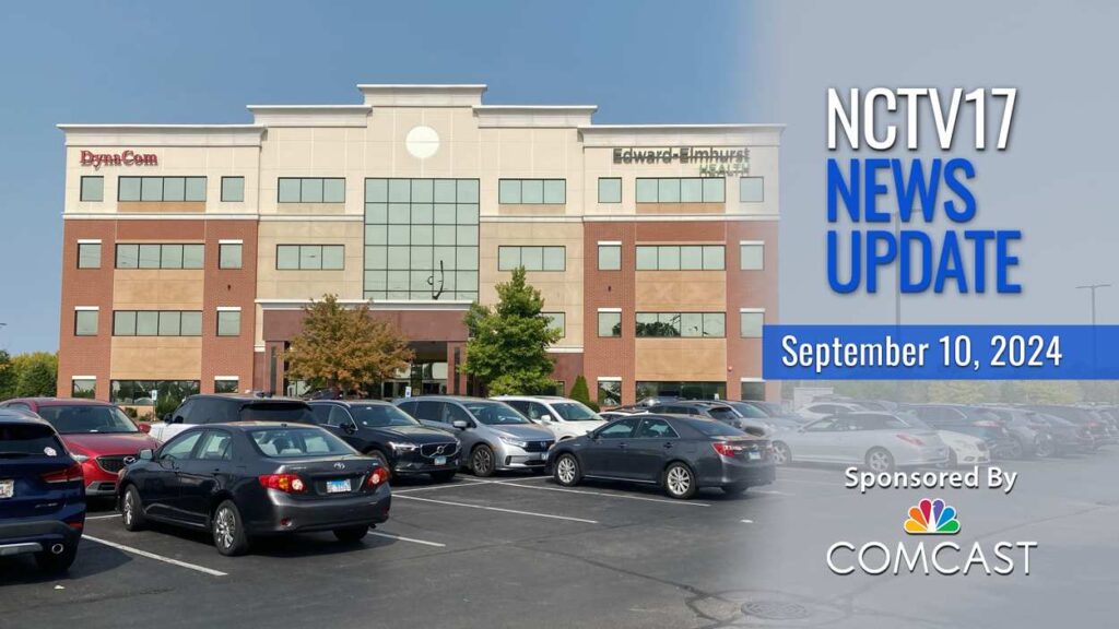 The iMed Naperville Medical Office building with the NCTV17 News Update filter.