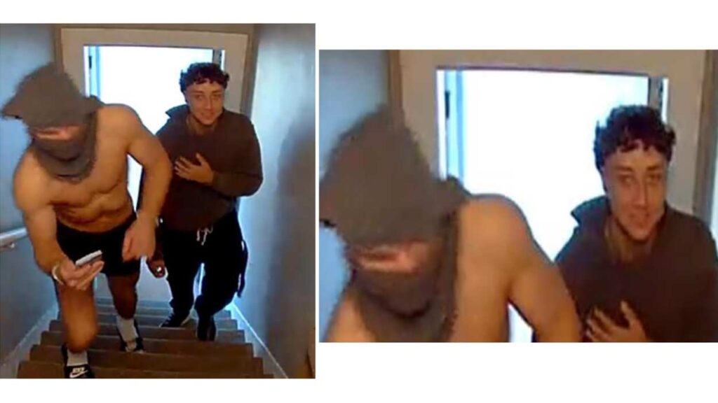 Surveillance video of two men walking up stairs, believed to be connected to criminal incidents in Naperville