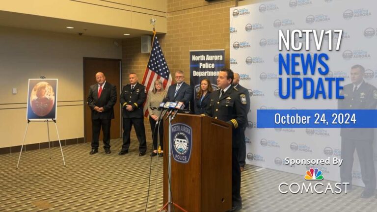 NCTV17 News Update slate for Oct. 24, 2024 with North Aurora police press conference in background with photo of victim from 1979 murder case on side