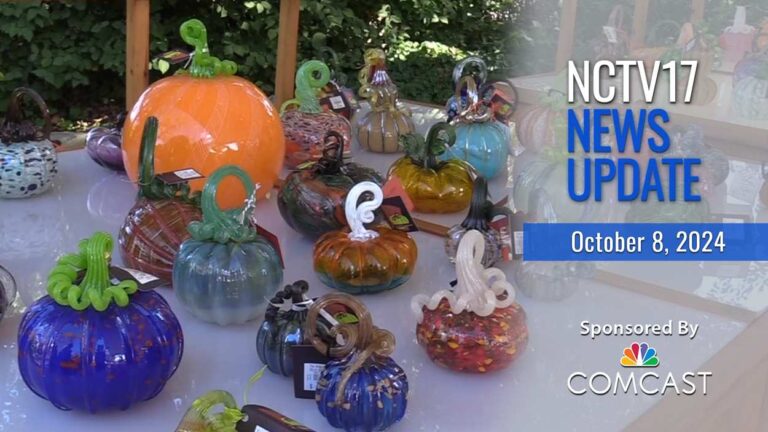 NCTV17 News Update slate for October 8, 2024 with glass pumpkin patch in background - candidate forum, pumpkin patch, and ap classes honored are featured stories