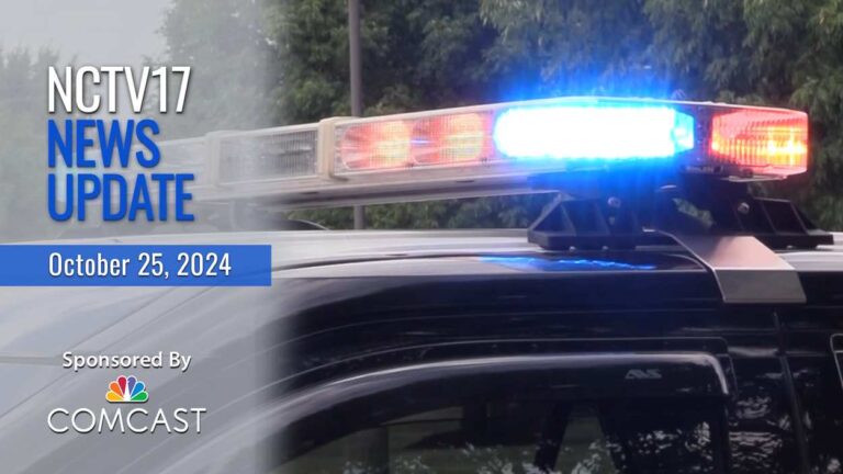 NCTV17 news update slate for October 25, 2024 with police lights in background for lead story on car crash