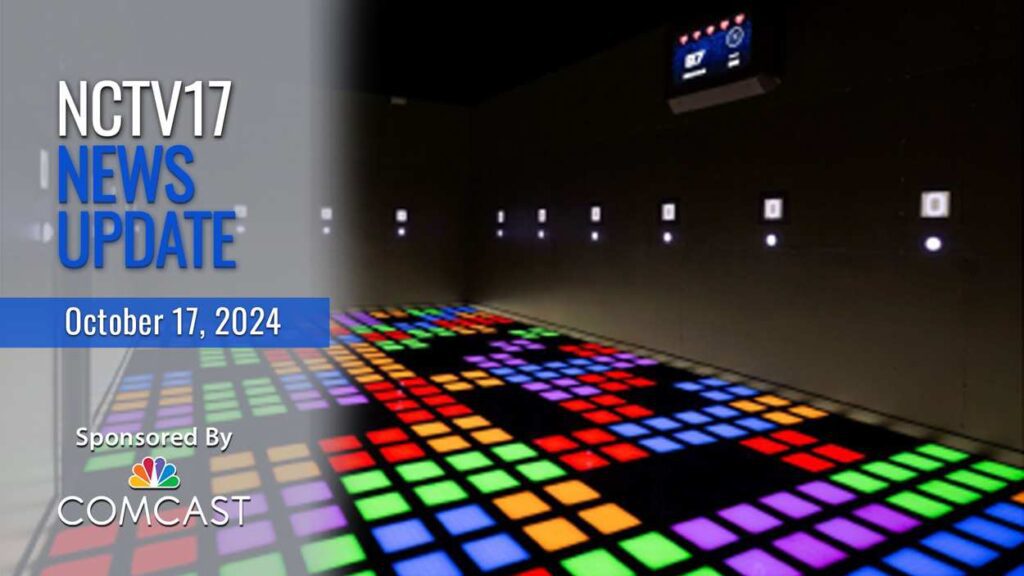 NCTV17 News Update slate for October 17, 2024 with image of various colored interactive gaming board from Activate Games in background