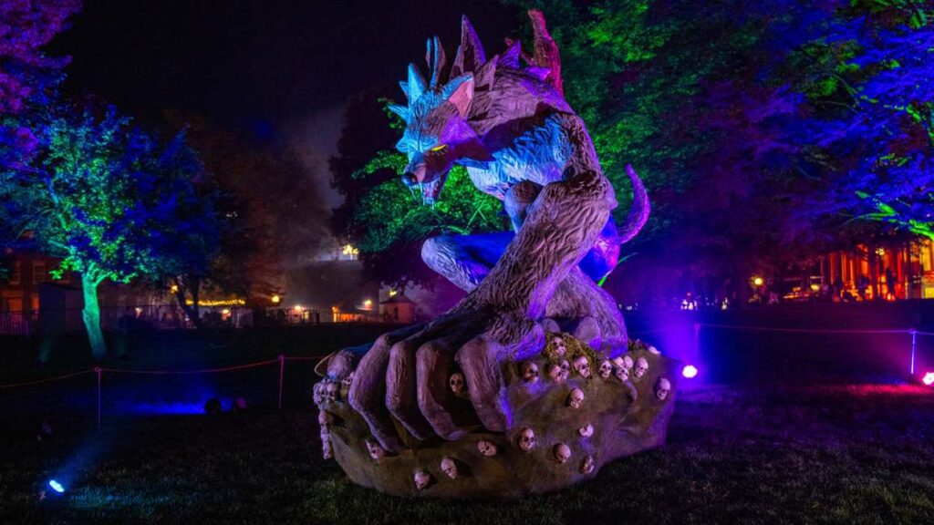 15-foot werewolf sculpture at All Hallows Eve at Naper Settlement