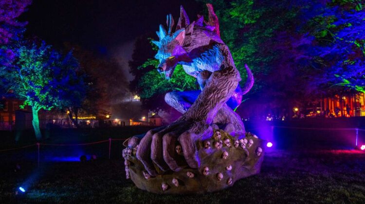 15-foot werewolf sculpture at All Hallows Eve at Naper Settlement
