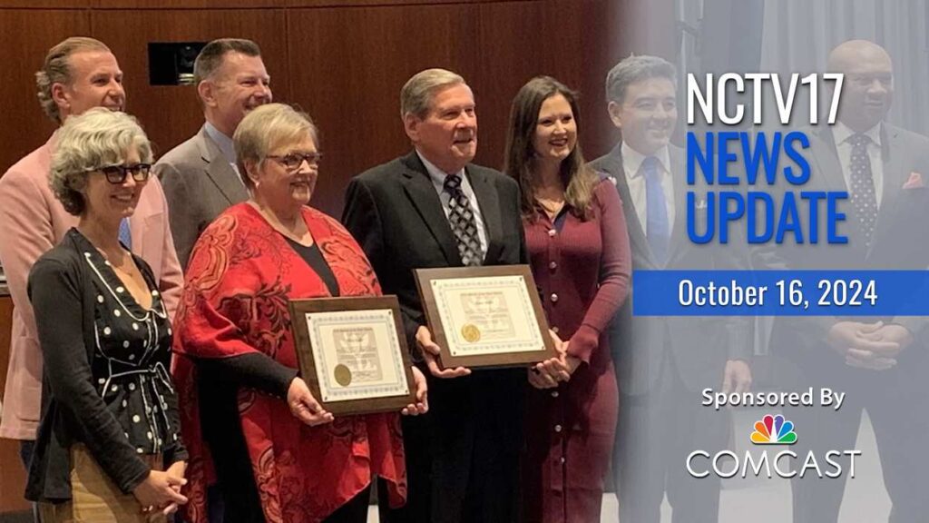 NCTV17 News Update slate for October 10, 2024 with Senior of the Year recipients Kenn Miller and Vicki Miller and council members in background
