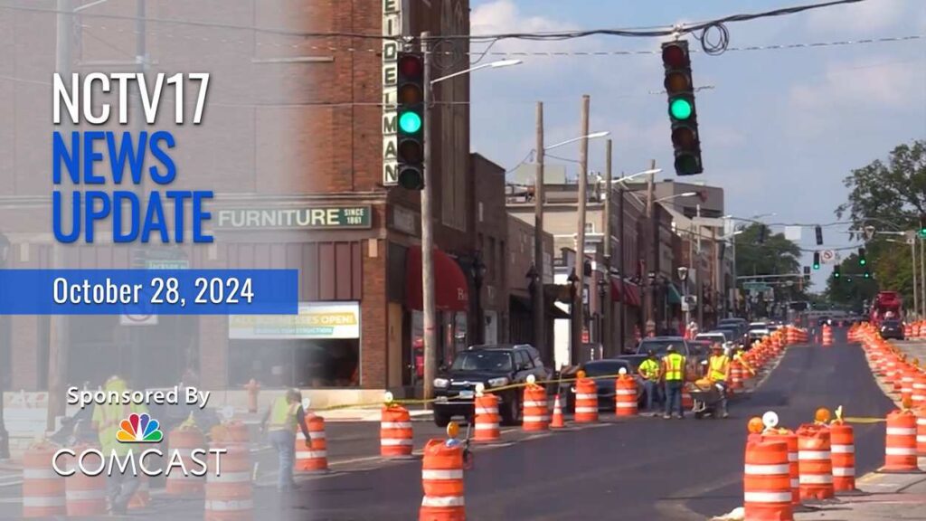NCTV17 news update slate for 102824 with Washington streetscape construction - line of construction barrel along street - in background