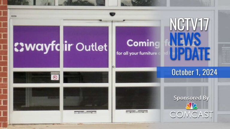 NCTV17 news update slate for October 1, 2024 with Wayfair Outlet sign and doors to new store in background