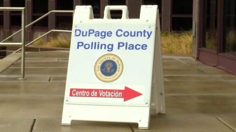 DuPage County polling place sign in front of the Naperville Municipal Center